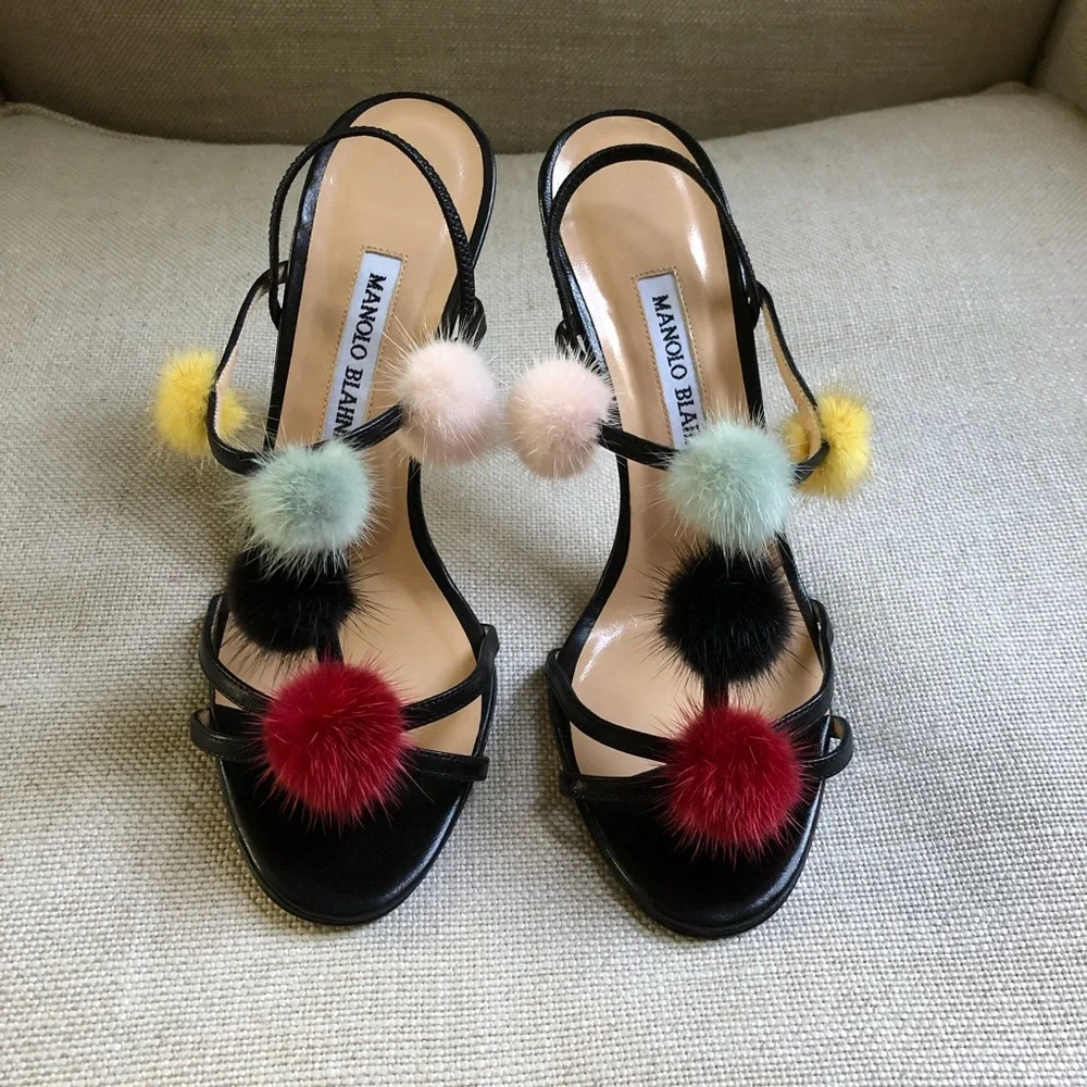 Manolo Blahnik Black Leather Slingback Heels with Multicolor Pom Poms